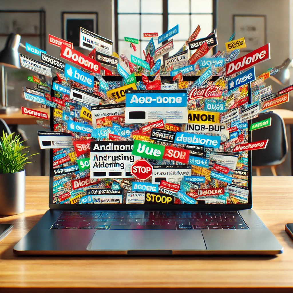 DALL·E 2024-11-15 13.24.12 - An ultra-realistic photo of a modern laptop on a desk, surrounded by intrusive pop-up ads covering the screen. The pop-ups are colorful, chaotic, and